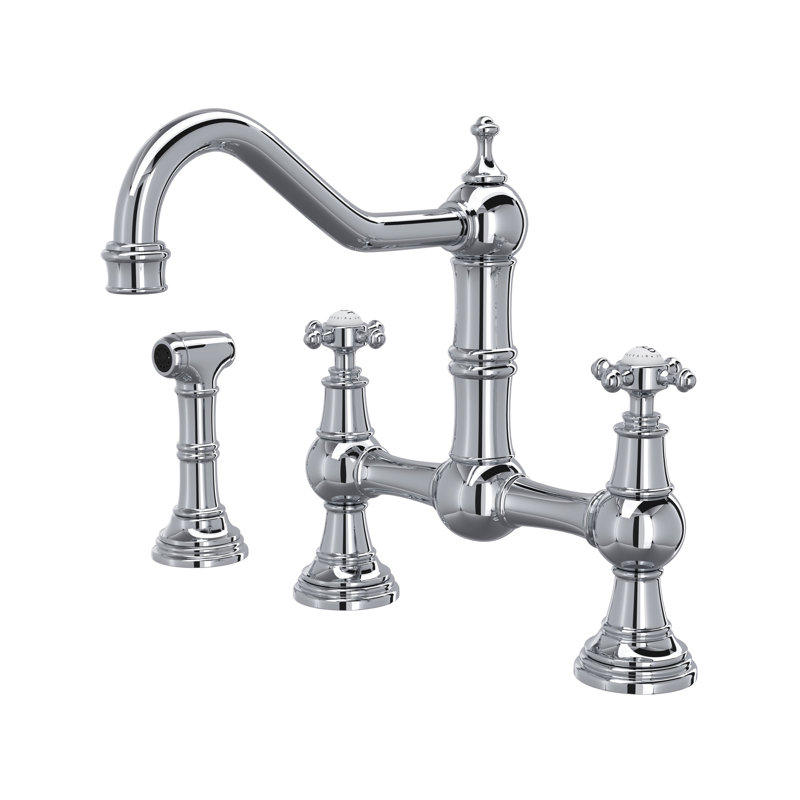 Edwardian Bridge Kitchen Faucet With Side Spray, Polished Chrome, Cross