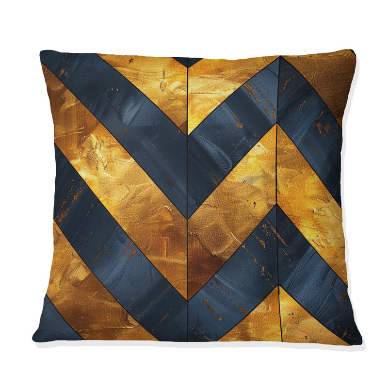 Coussin décoratif à motif de chevrons bleu et doré, H 16 po x l 16 po