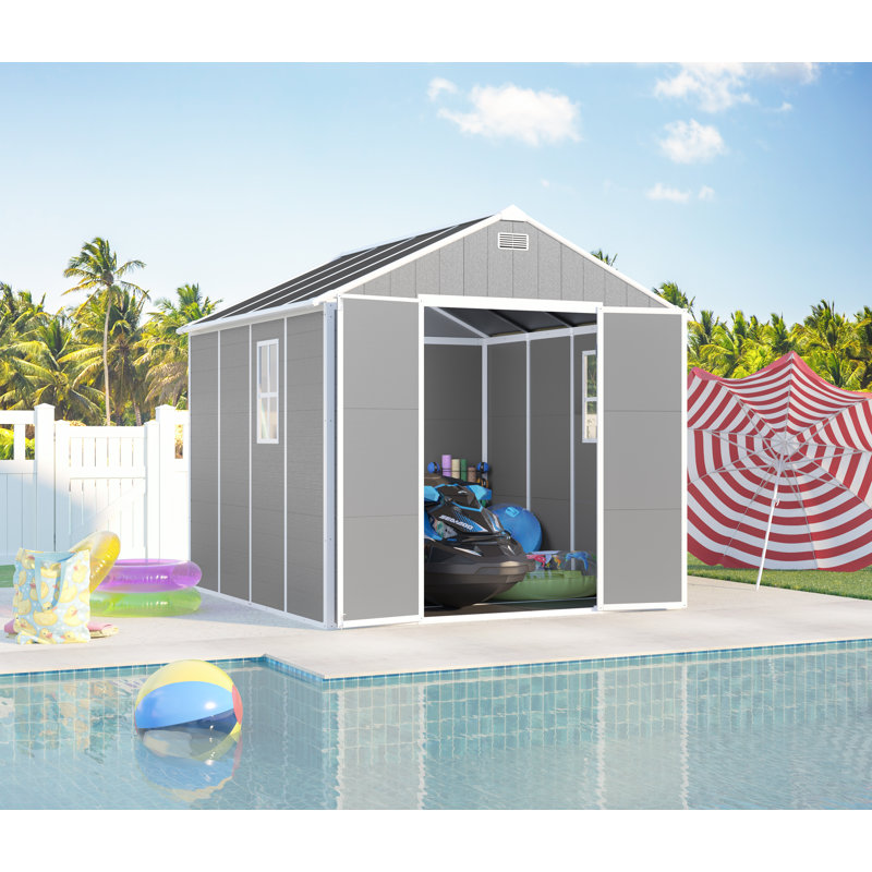 Remise de rangement en résine de 8 x 8 pi, matériau en PP de haute qualité, structure solide, imperméable, résistante à la rouille et aux rayons UV, grand espace de rangement, panneau de PP de 12 mm d'épaisseur
