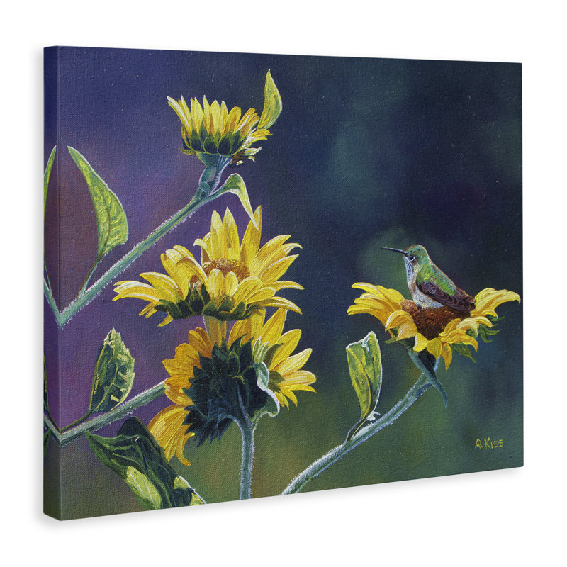Art mural sur toile reposant des oiseaux sur des tournesols par Andrew Kiss, H 36 po x l 48 po