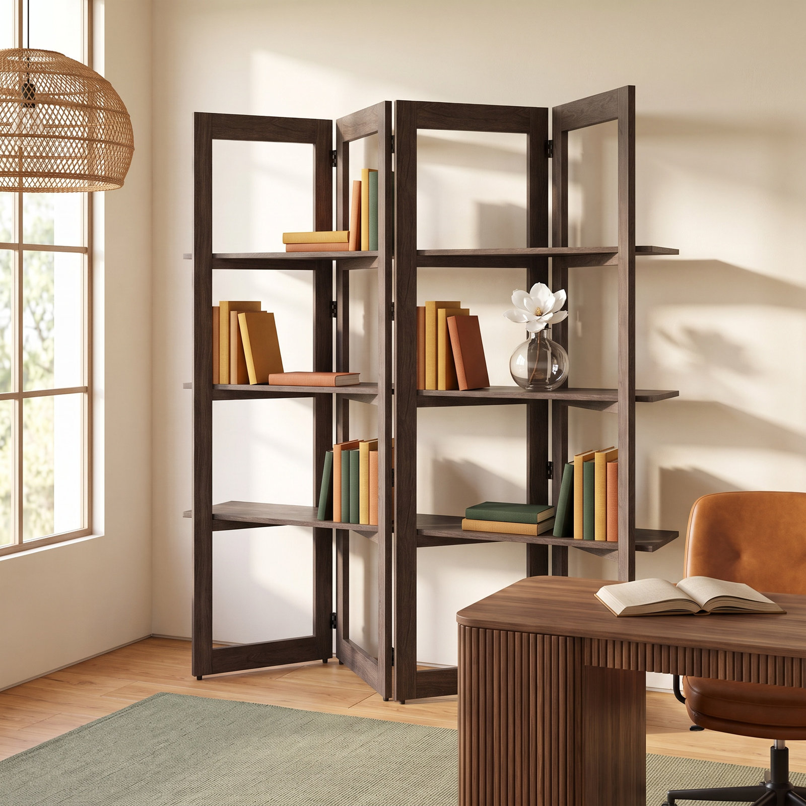 Wide Geometric Bookcase, Dark Brown