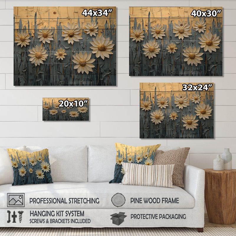 Paint Effect On Golden Glow Sunflowers II - Sunflowers Wood Wall Decor - On Natural Pine Wood, 10" H x 20" W x 0.78" D