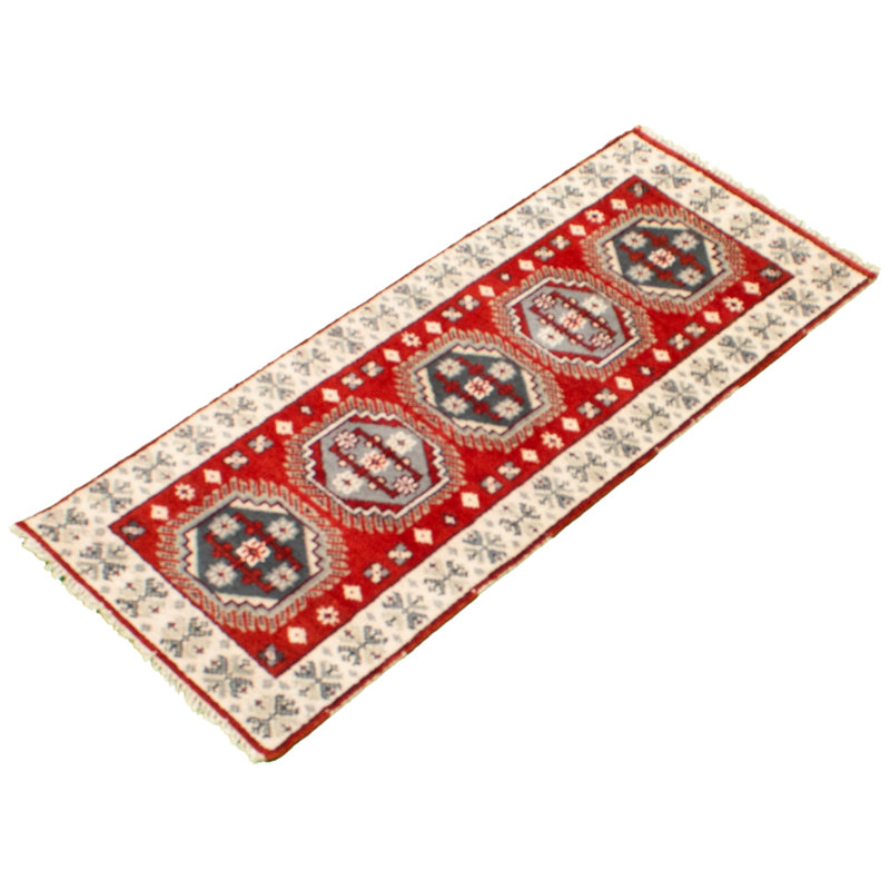 Tapis oriental en laine noué à la main rouge / beige / vert, Tapis de couloir 2 pi 4 po x 6 pi