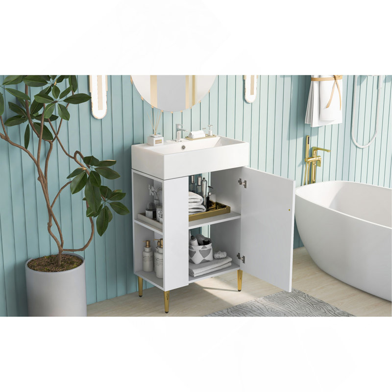 Meuble-lavabo blanc 21,6 po, armoire combinée, meuble de rangement pour salle de bain, lavabo simple en céramique, rangement à gauche