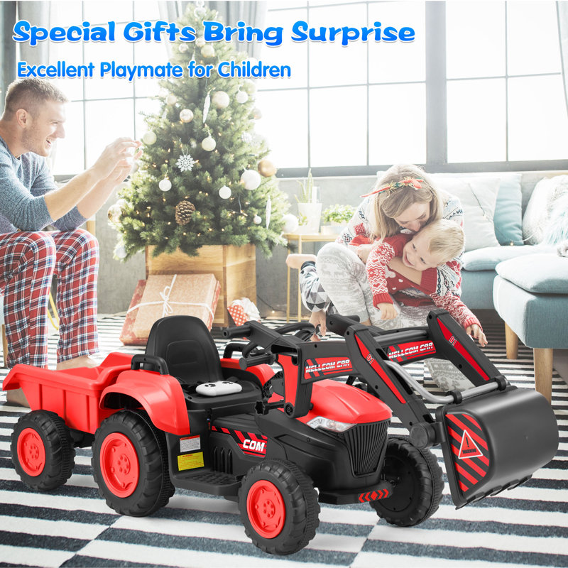 Erommy Red 12V Ride-On Excavator with Trailer and Remote Control