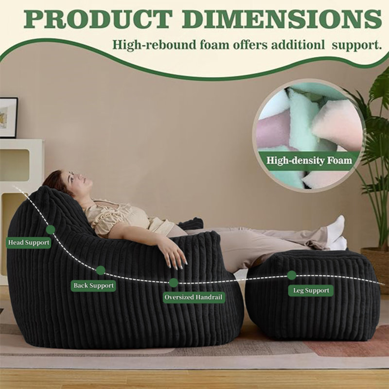 Suede Sofa Chair With Ottoman - 5-Zone Support & Compact Boxed Delivery, 29.53" H x 46.06" W x 38.58" D, Black Corduroy