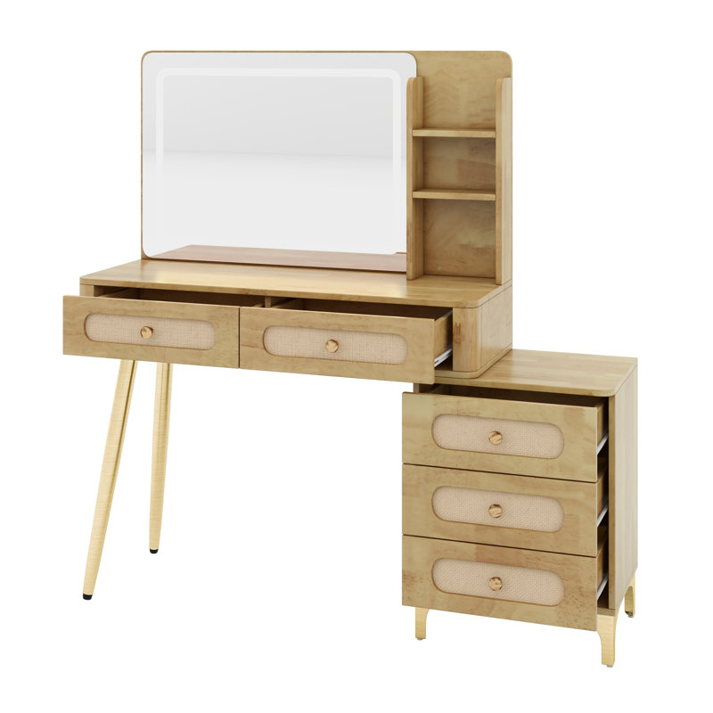 Détails du bureau de maquillage rétro avec miroir et lumières, 5 tiroirs, tablette et tiroir en rotin, Naturel