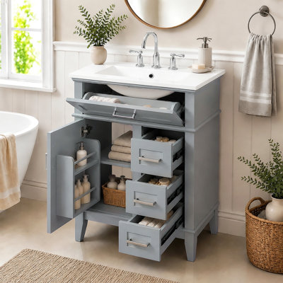 Meuble-lavabo de 24 po avec lavabo en céramique, structure en bois massif et armoire en MDF, 1 porte, tiroir rabattable et 3 tiroirs, charnières à fermeture en douceur, tablette réglable, poignées argentées