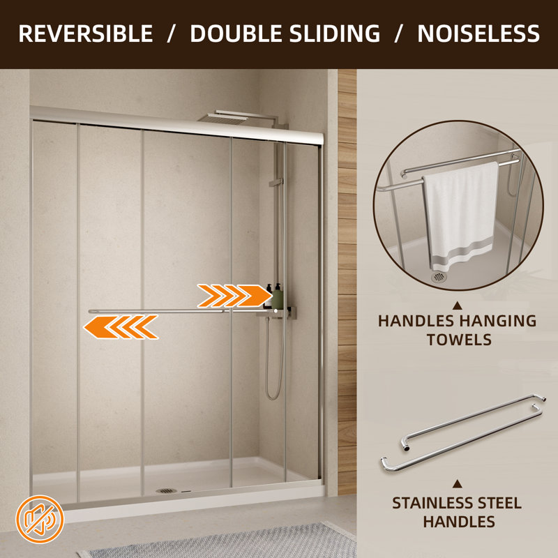 50-54" W x 70" H Framed Shower Door Double Sliding Door with 1/4" (6mm) Clear Tempered Glass, 2 Towel Bars for Walk-in Bathroom, Chrome Finish Shower Doors, Reversible Installation