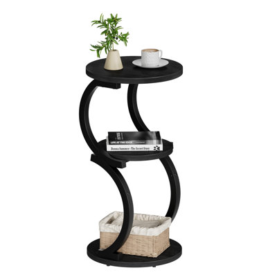 3‑Tier Round S‑Shaped Side Table, Wood & Metal Frame Corner Table for Small Spaces