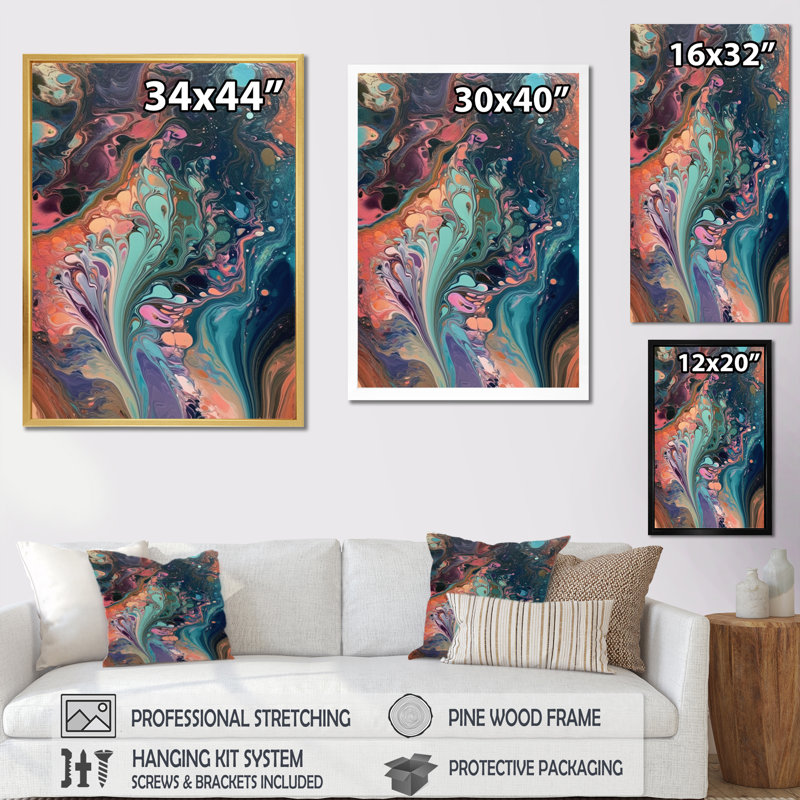 Sarcelle rose marbré fantaisie IV sur toile, Cadre doré à une seule photo, H 40 po x l 30 po x P 1,5 po
