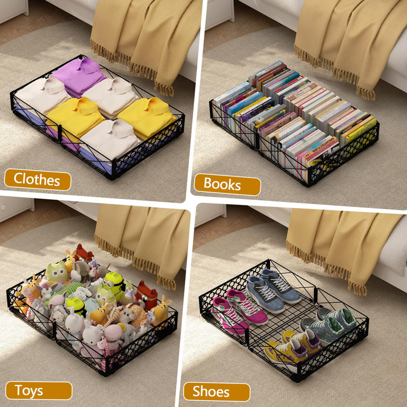 Black Metal Foldable Under Bed Storage Box with Wheels