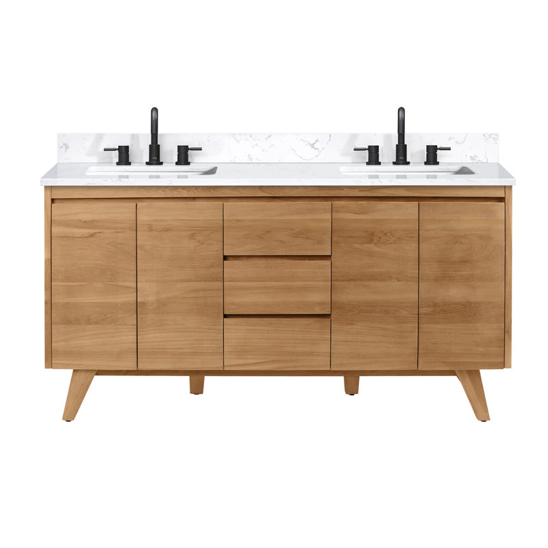 Coventry 61" Natural Teak Double Sink Vanity with Cala White Top