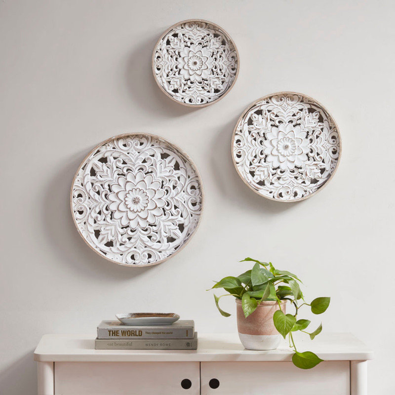 Ensemble de 3 décorations murales en bois sculpté blanc et bois de sapin blanc