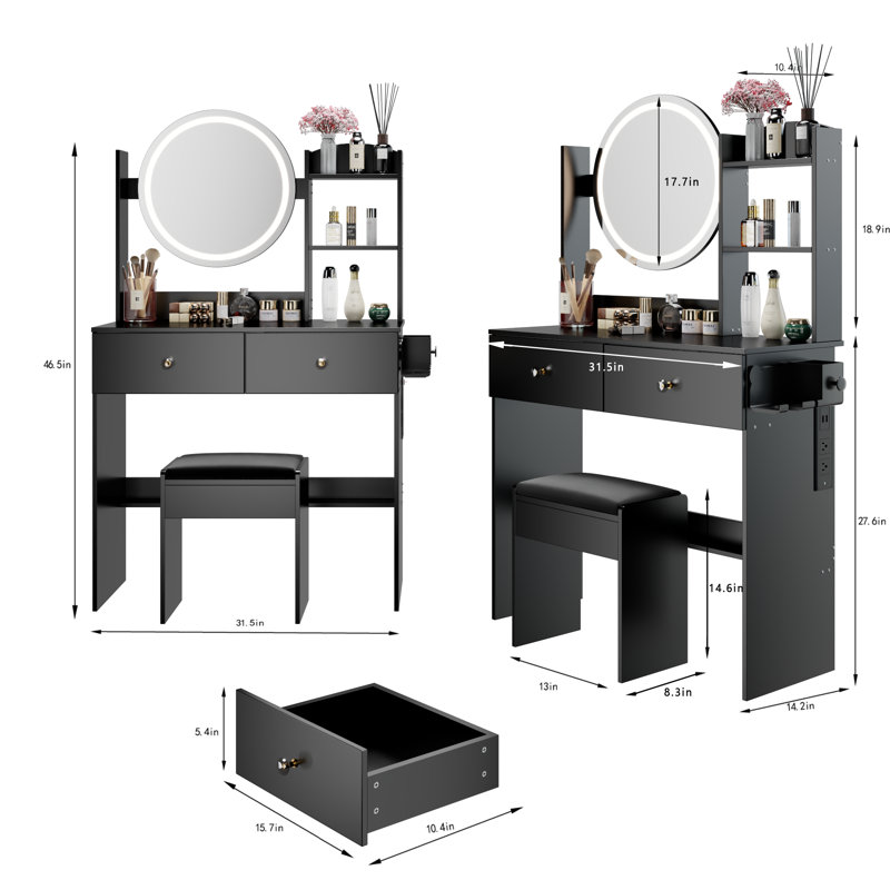 LED Vanity Table Set / Cushioned Stool Round Touch Mirror,Power Outlets & Multi-Layer Storage, Black