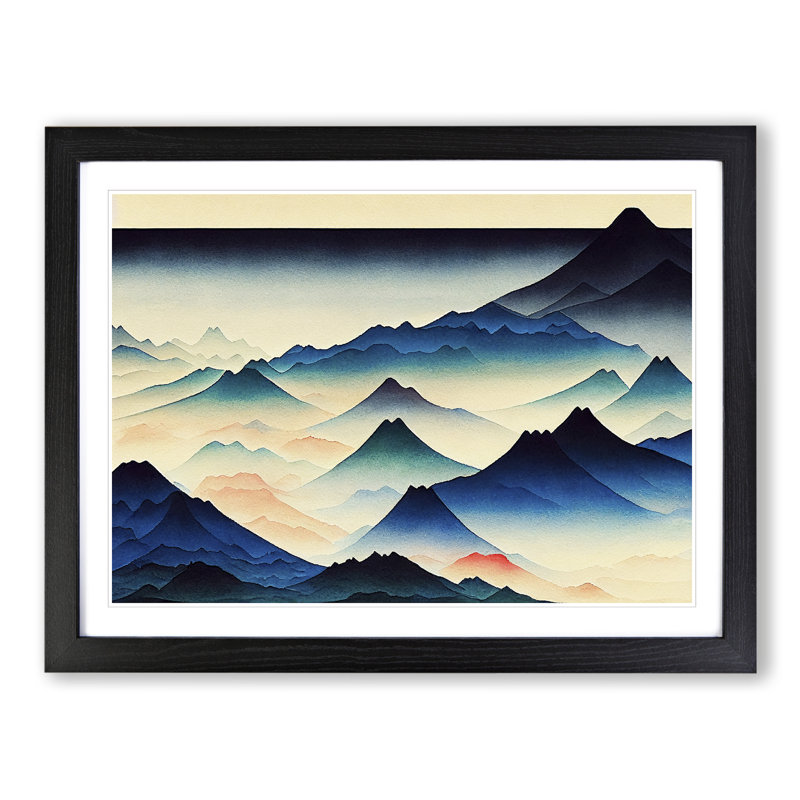 Japanese Mountain Watercolour - Single Picture Frame Print, 46cm H x 64cm W x 2cm D, Black