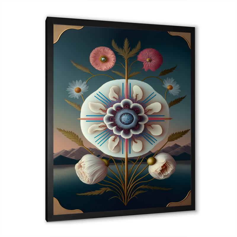 «Blossoming Geometric Flower Art III», décoration murale florale, H 12 po x l 20 po x P 1 po, Cadre d'angle fermé noir
