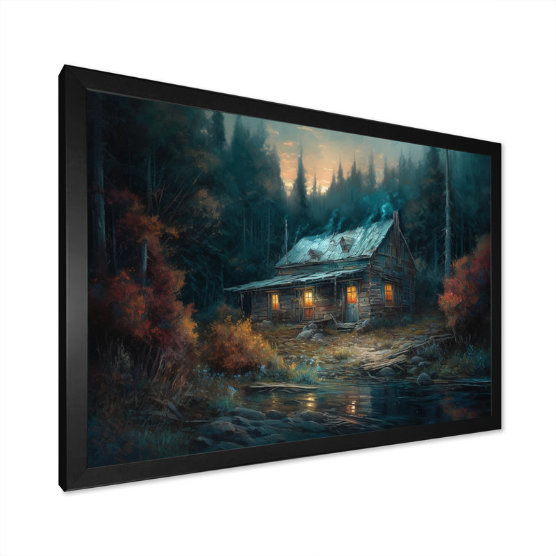 Cabine dans les bois - art mural sur toile forêt, Cadre noir, H 24 po x l 32 po x P 1 po