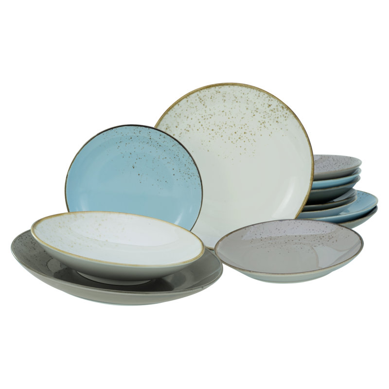 12-Piece Nature Collection Stoneware Crockery Set For 4 People, Beige/Blue