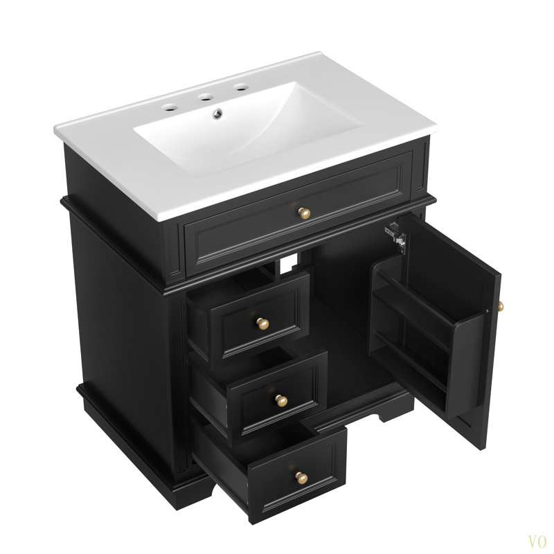30" Bathroom Vanity With Sink, One Tip-Out Drawer, Three Drawers, Door Shelf, Soft Closing Door
