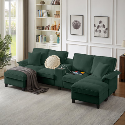 Canapé-lit modulaire 120 po en velours côtelé avec rangement - conception moderne en forme de U, 4 places, pour le salon, un appartement ou un salon, avec porte-gobelets pour plus de commodité