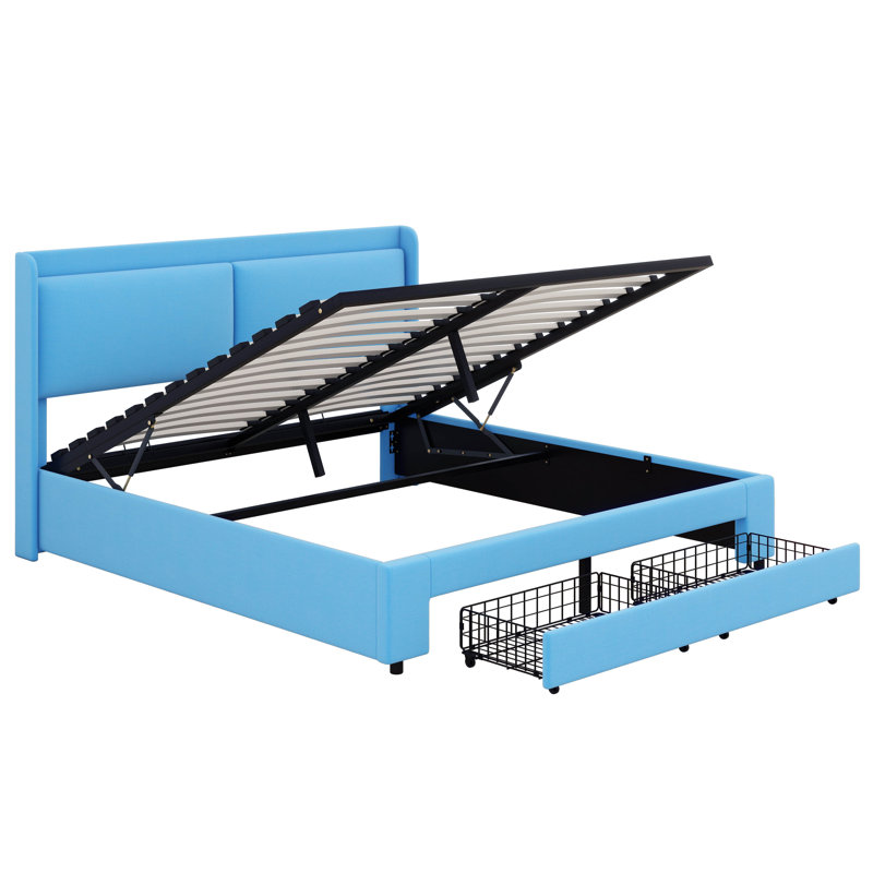 Grand lit avec panneau de rangement Lutishia, Bleu