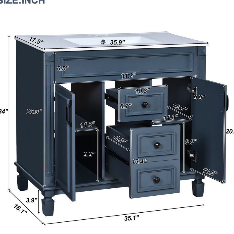 Bathroom Vanity With Sink 36'' - Blue, Frame, Concealed Storage Functional Design