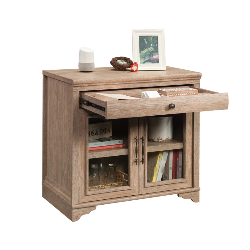 Base de bureau à finition brune, idéale pour le rangement compact, tiroir spacieux avec glissières pleine extension, tablette réglable dissimulée avec portes en verre trempé, bois d'ingénierie rempli de métal, l 31,5 po