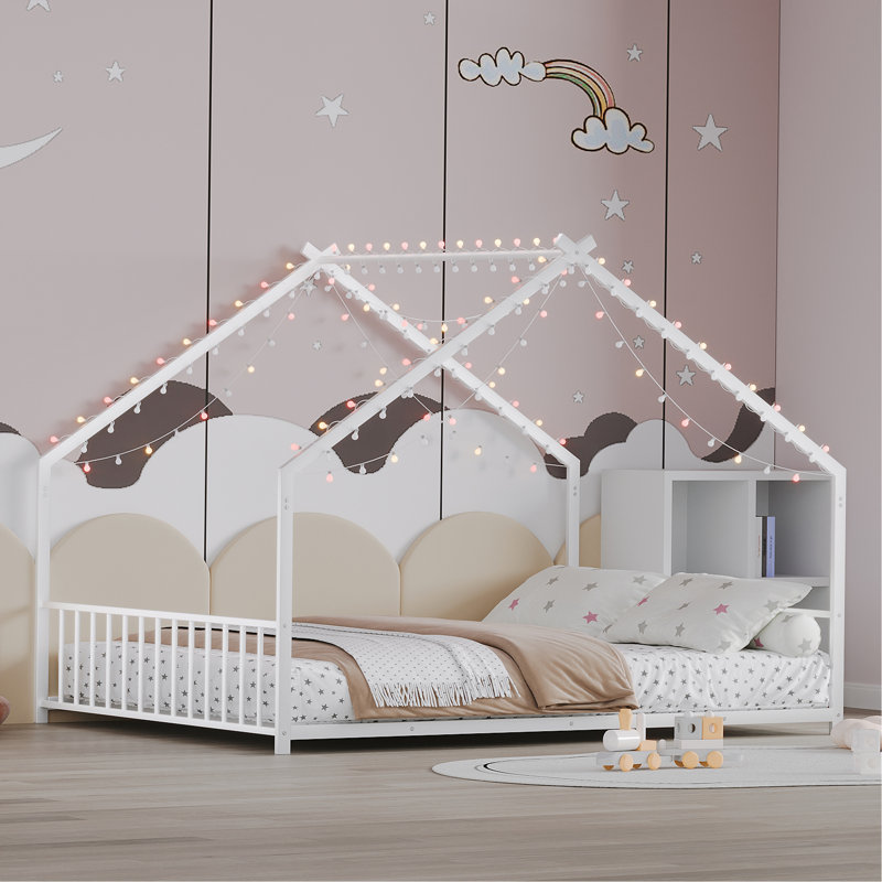 Cadre de lit pour enfant avec bandes lumineuses à DEL, cadre en fer en forme de toit, L 78,5 po x l 55,9 po x H 58,4 po