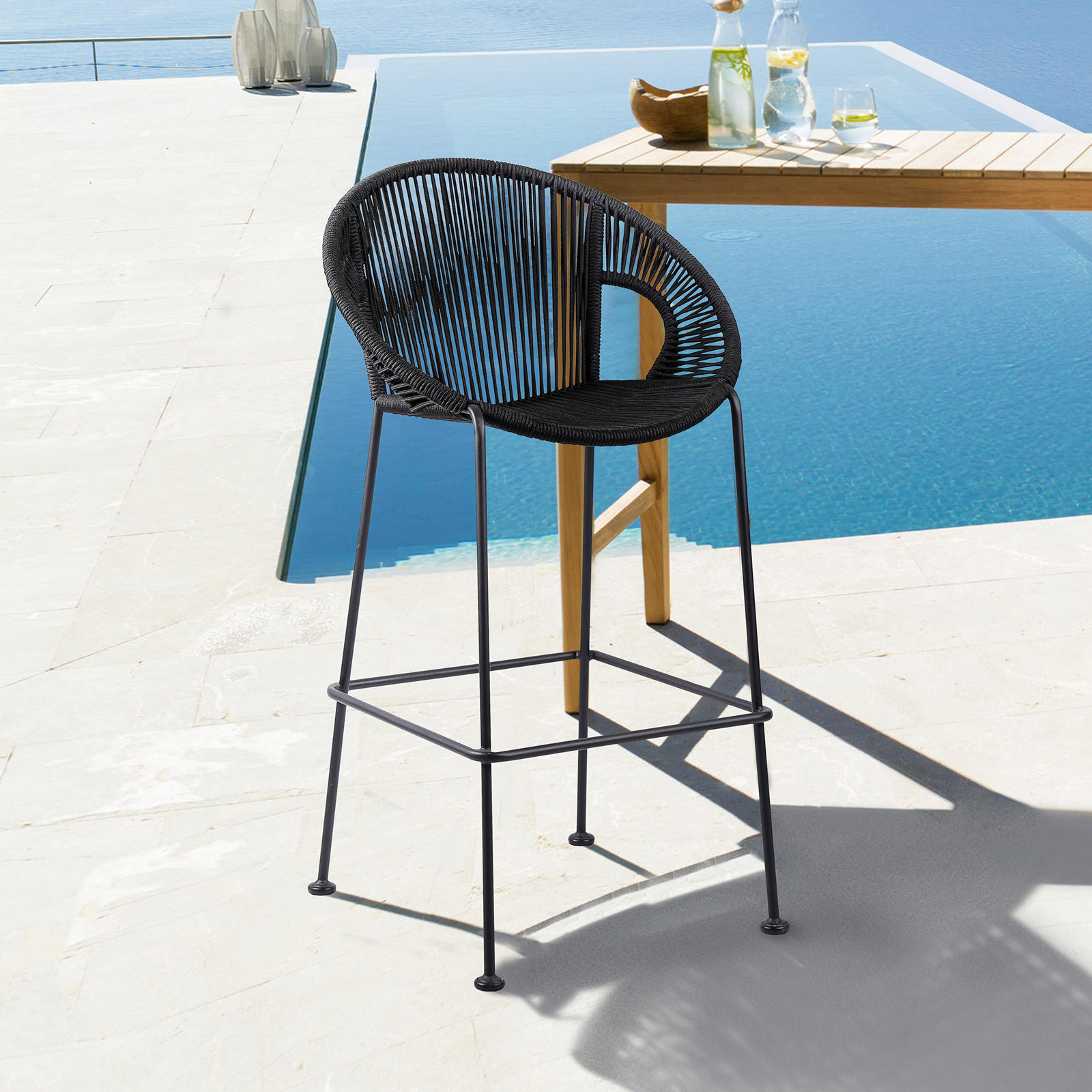 Champlost Patio Bar Stool, 26", Black Rope