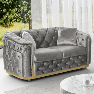 63" Luxury Chesterfield Velvet Loveseat With Gold Accent Arms