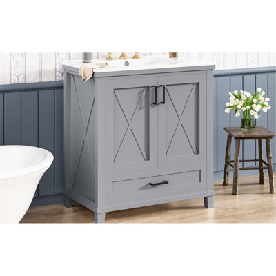 Meuble-lavabo de 30 po avec poignées noires en alliage de zinc, tiroir divisé en coulissement lisse, lavabo en céramique, meuble-lavabo transitionnel à dossier ouvert de 30 po avec structure rectangulaire en bois massif,