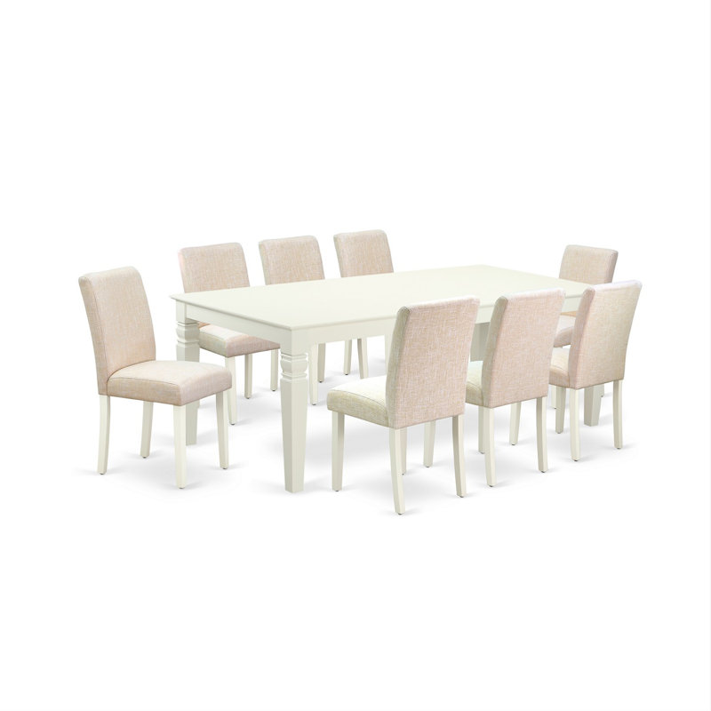 Ensemble de table de salle à manger 9 pièces comprenant une table de salle à manger rectangulaire avec des feuilles de papillons et 8 chaises Parsons en tissu beige clair, lin blanc