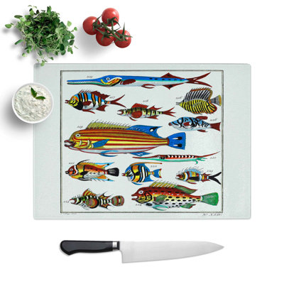 Glass Exotic Fish Illustration Chopping Board