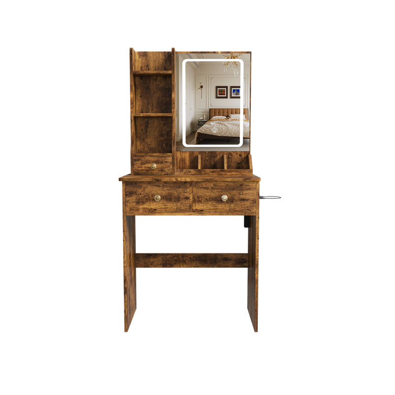 Bureau de coiffeuse avec miroir éclairé, coiffeuse de maquillage avec 3 tiroirs et plusieurs tablettes de rangement ouvertes