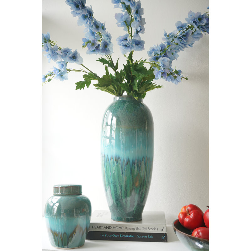 D8x17,7 "Vase en céramique décoratif avec glacis réactif bleu et vert