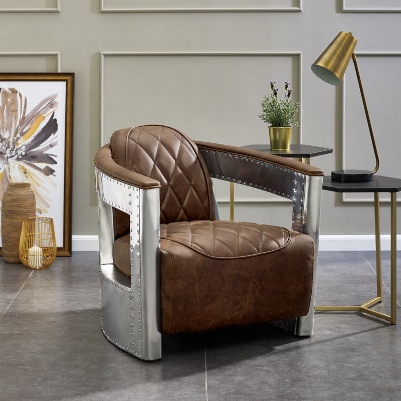 Fauteuil demi-tonneau en cuir fleur Gable, Cuir véritable brun