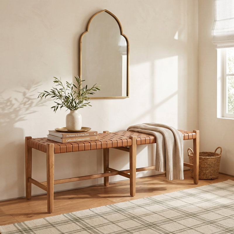 Welham Ursulina Solid Wood Woven Leather Bench, Brown