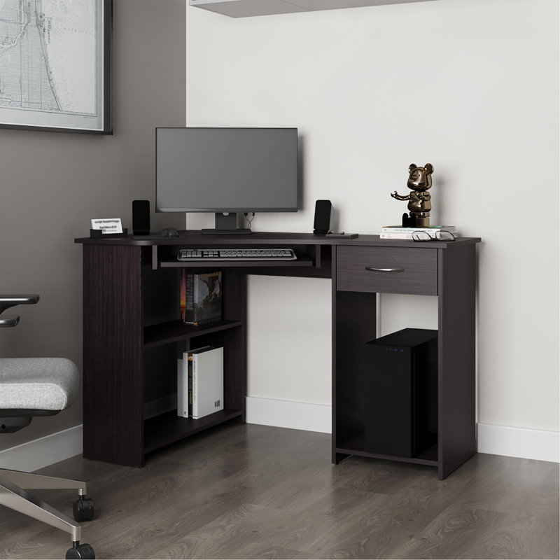 Bureau d'ordinateur d'angle en W avec tiroir et tablette Wenge