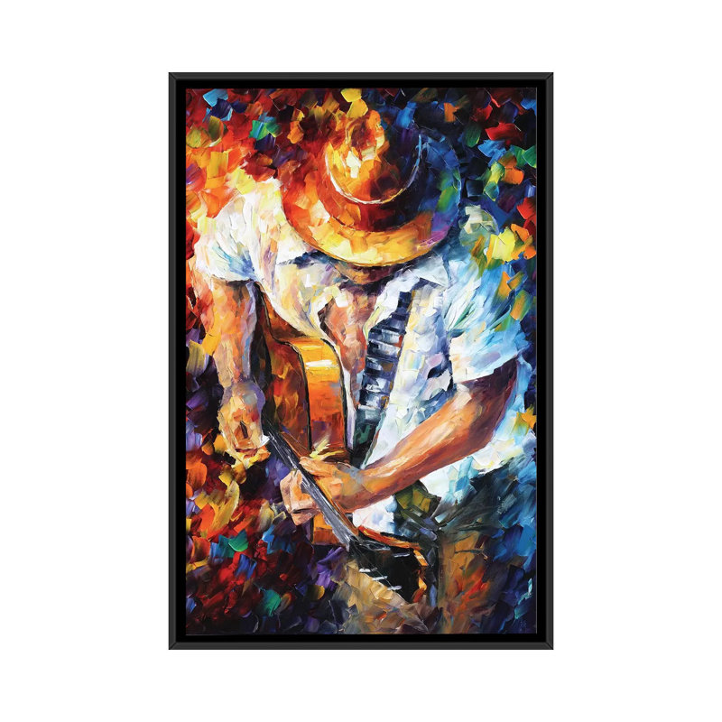 «Guitare et âme» par Leonid Afremov - Estampe numérique sur toile tendue avec châssis, H 26 po x l 18 po x p 1,5 po, Black