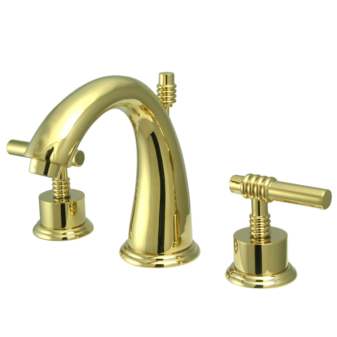 Kingston Brass Milano Two-Handle 3-Hole Deck Mount Widespread Bathroom Faucet with Brass Pop-Up Drain Kingston Brass 