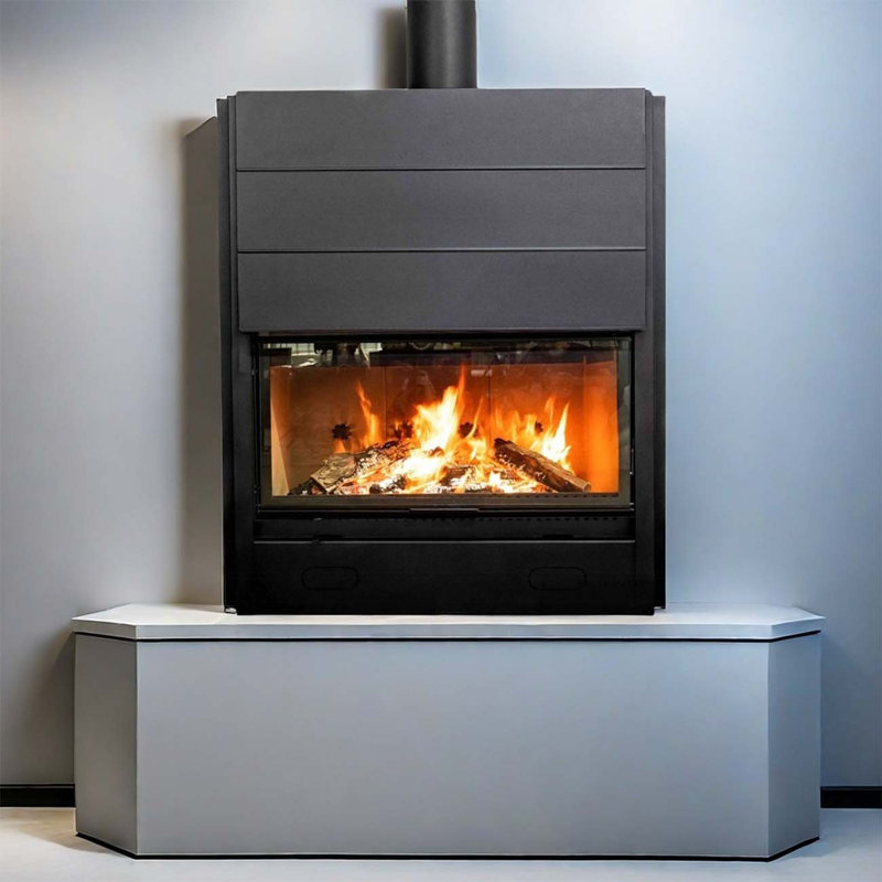 Simple steel interior with wood fireplace