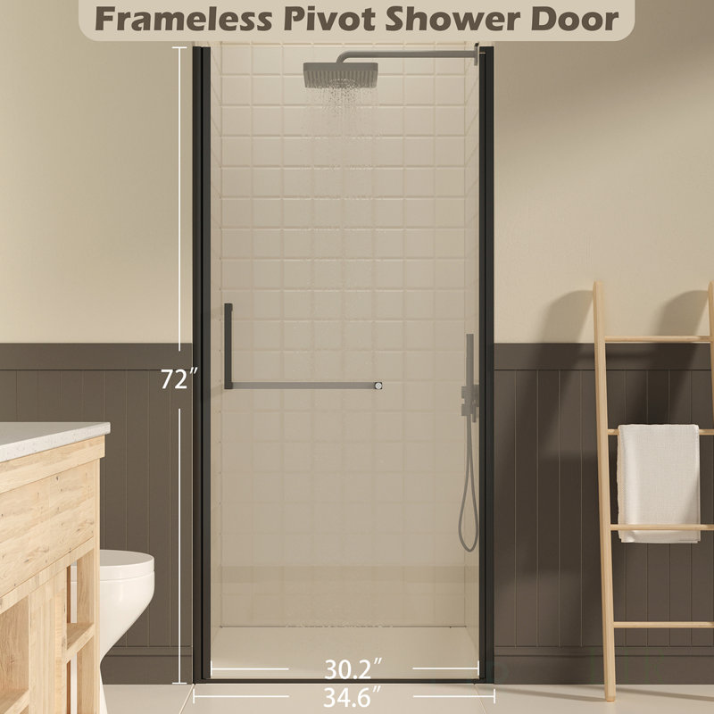 33-34 W ×72 H Frameless Pivot Shower Door, Clear Tempered Glass With Explosion-Proof Film And Reversible Installation, Shower Door