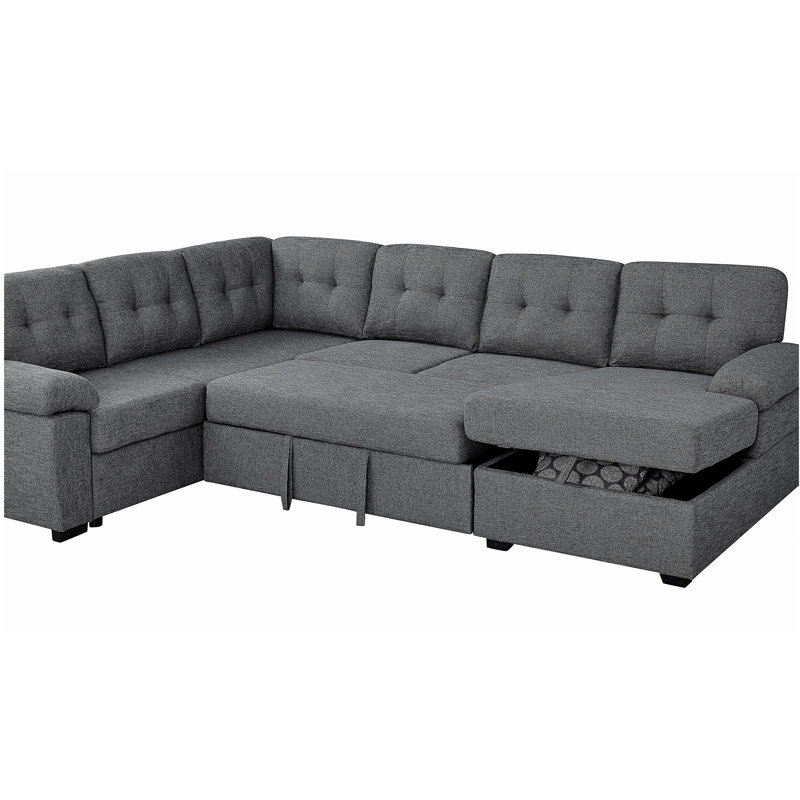 Canapé-lit modulaire en U en mélange de lin (lit escamotable) avec méridienne de rangement, Gris foncé