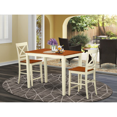 3 Piece Kitchen Counter Height Dining Table Set Contains a Rectangle Pub Table and 2 Dining Room Chairs, Buttermilk & Cherry