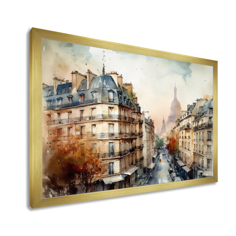 Aquarelle de Paris, France I sur impression sur toile, H 34 po x l 44 po x P 1,5 po, Cadre doré