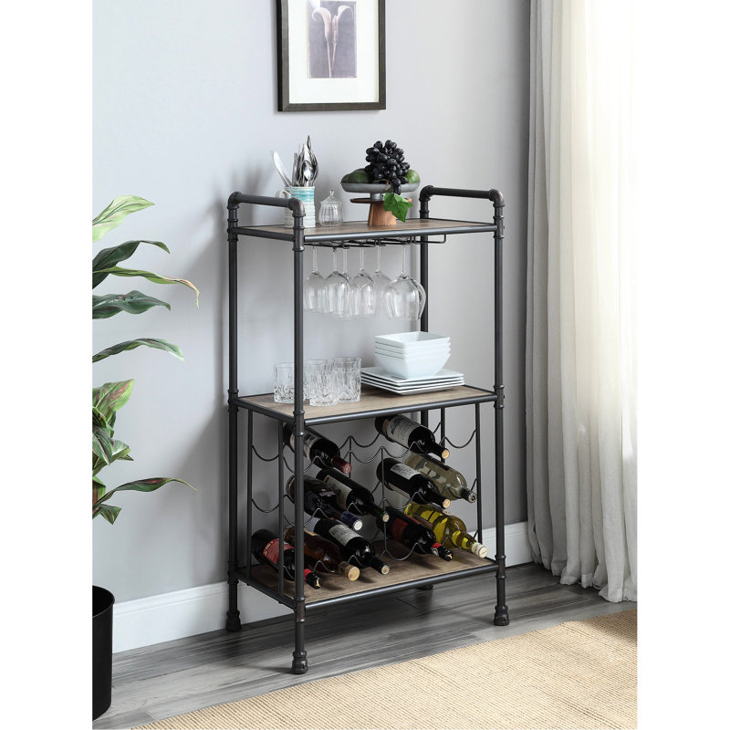 Rangement à vin en chêne antique et gris sable, 3 supports industriels, capacité de 18, porte-gobelet, rangement pour bar et cuisine embellit la maison, peut contenir 18 bouteilles, renforce
