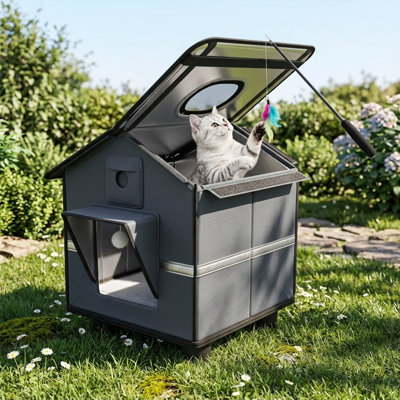 Maison de chat d'extérieur résistante aux intempéries avec base surélevée et jouet, abri pour chat avec toit pliant, cachette isolante toutes saisons, pour chats jusqu'à 12 lb
