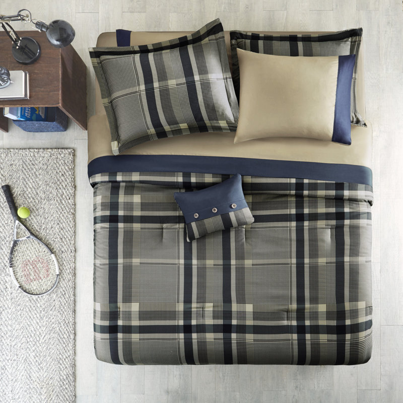 Robbie Plaid Comforter Set with Bed Sheets, Navy/Taupe, Queen Comforter + 8 Additional Pieces