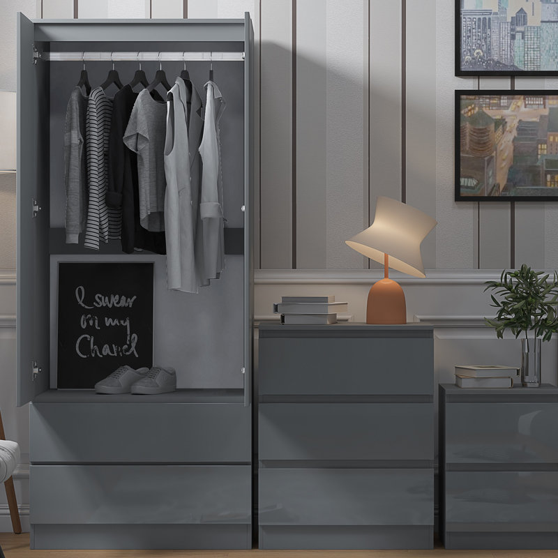Warren 2 Door Double Wardrobe - High Gloss Front, Soft Close Hinged Doors. Modern No-Handle Push-to-Open Design